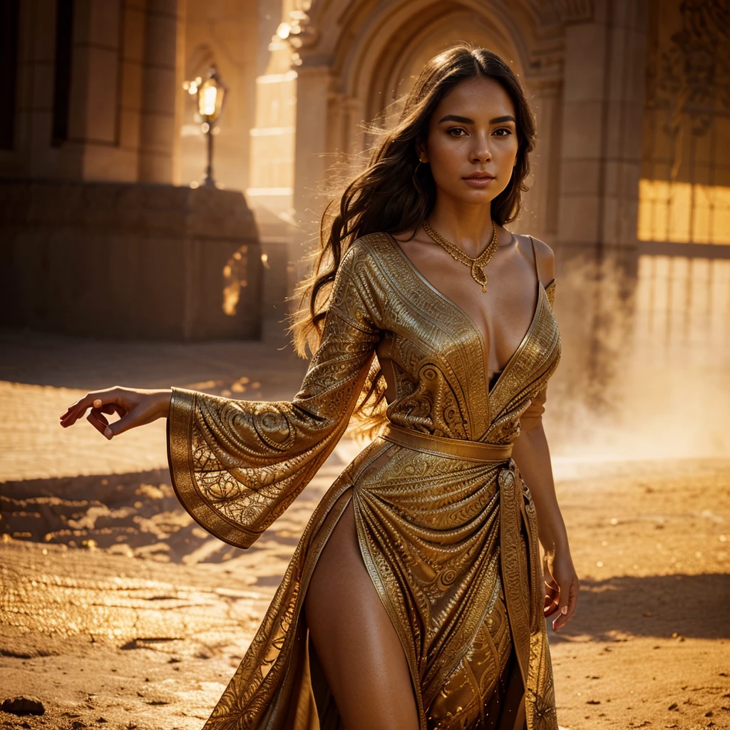 A beautiful woman, detailed face, warm golden hour lighting, intricate jewelry, flowing dress, elegant pose, photorealistic, highly detailed, cinematic lighting, dramatic colors, digital art, neked.
