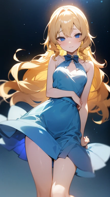 female character, 8 years, Pale and white skin, dark blue eyes, blonde hair, wavy and long, I hit algo, beautiful, simple light blue dress attached to the skin at the top, short loose skirt with kitten designs , fleshy breasts , small waist,Wide hips, tender position, Muslona, something provocative, YOUNG