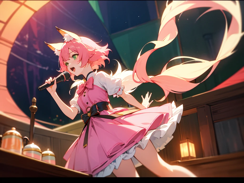 kitsune idol in a tavern, foxgirl, pink fox ears, pink fox tails, pink hair, green eyes, light blue idol dress, tavern background, high quality, masterpiece, singing