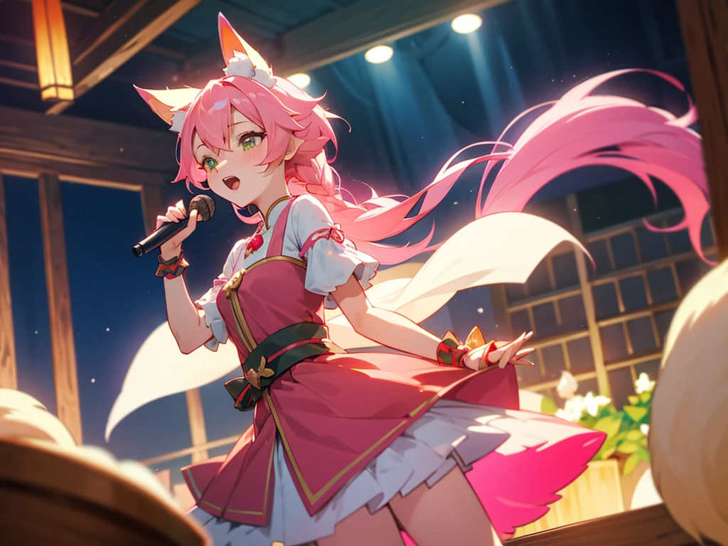 kitsune idol in a tavern, foxgirl, pink fox ears, pink fox tails, pink hair, green eyes, light blue idol dress, tavern background, high quality, masterpiece, singing
