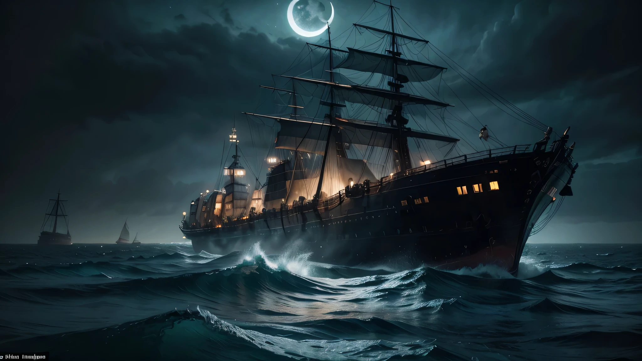 ais-sinisterz a spectral shipwreck in a dark and stormy sea, ghostly figures visible on deck, tangled in seaweed, under a crescent moon