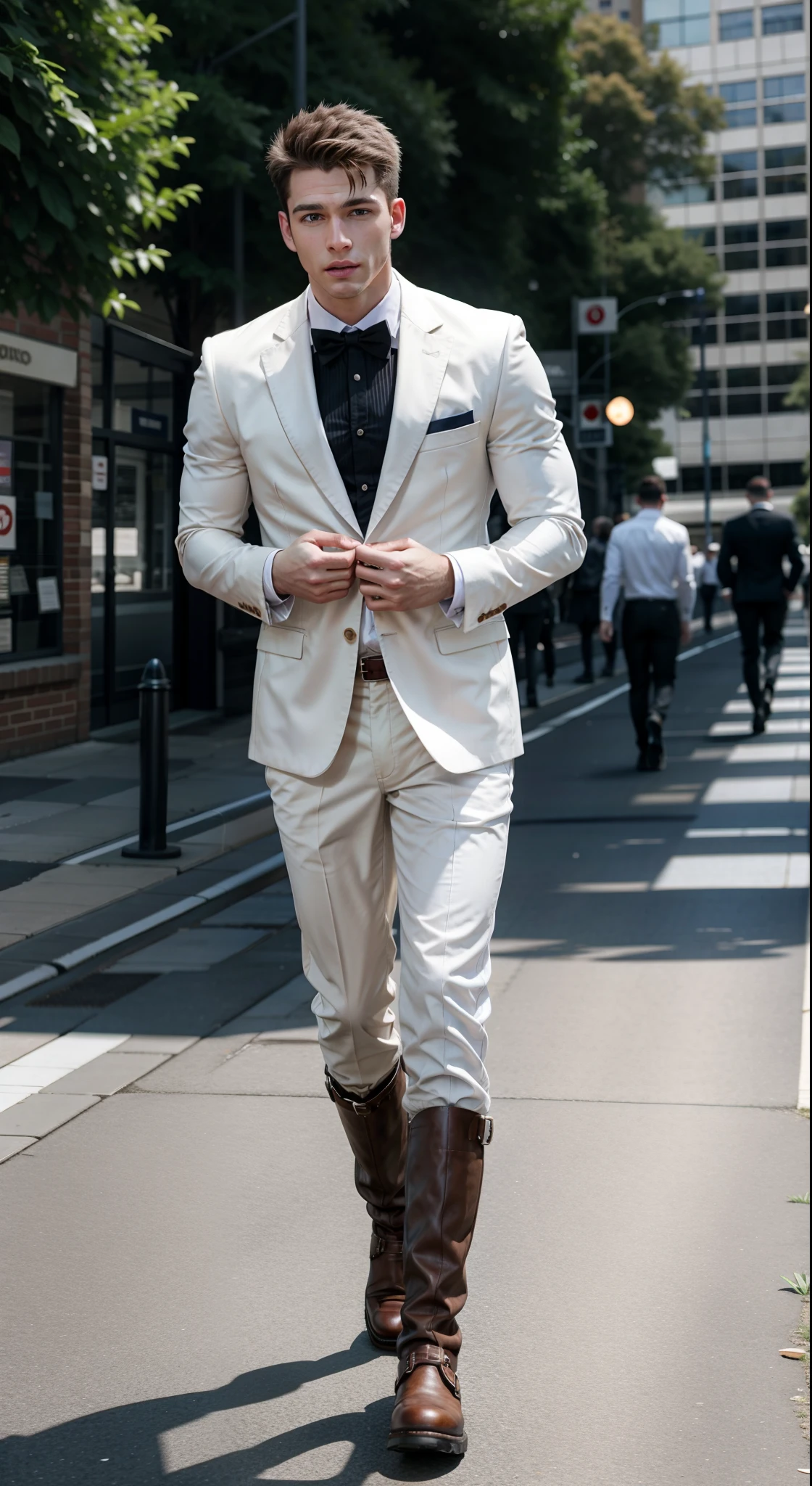 high resolution image of a muscular man, white-skinned, showing full body, flat hair, muscular arms, wearing formal clothes on a muscular body, wearing brown leather buckle boots, walking in Sydney blurred in the background, With Sun, holding men's briefcase, looking at camera, perfect italian style face, fine nose, squared chin, barba, pink mouth lips, cloused mouth, well-defined eyes with blue iris, muscular legs, 8K ultra resolution.