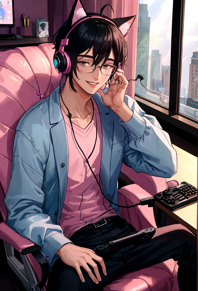 ((best quality)), ((masterpiece)), (detailed), a young man. Male sitting in a gaming chair in front of a pc. Has black hair and brown eyes. Wearing glasses. Smiling. Looking up. Wearing pink cat ear headphones. Has a gaming bedroom in the background