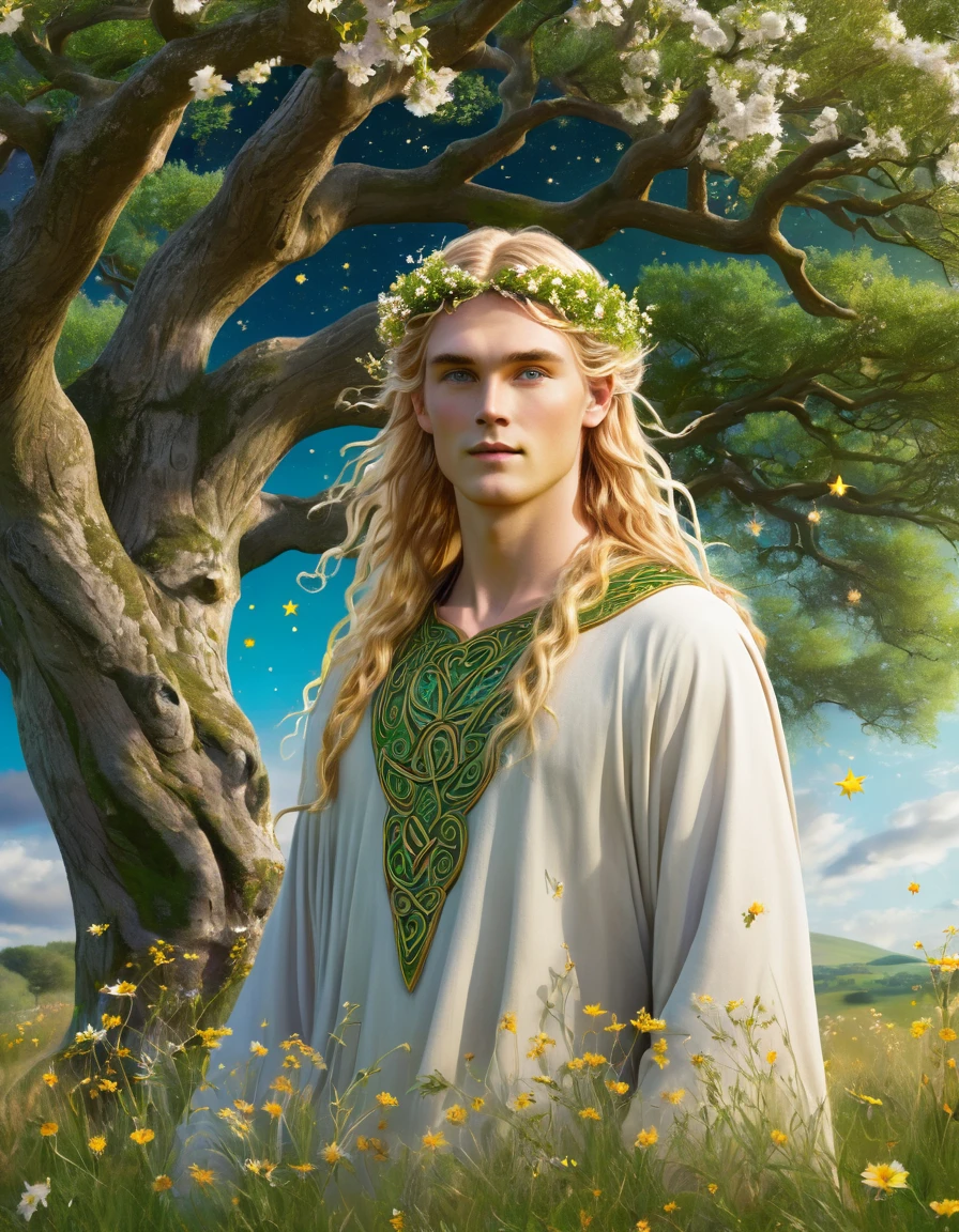 Perfect realistic highly detailed impainting 3D photography of Aengus, the Celtic God of love, youth, beauty and dreams, in a beautiful meadow. He is standing under an ancient oak tree, whose branches are adorned with bright, sparkling flowers. Her golden hair flows softly in the wind, and he wears a tunic embroidered with symbols of love and stars. 