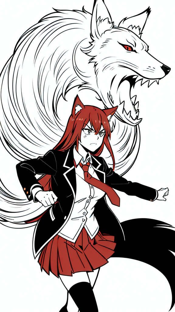 1girl ,20s,mature female,angry face,(red hair),long hair,fox ears,(white background, line drawing),necktie,black jacket, blazer,long sleeves, skirt,pleated skirt,((upper body))