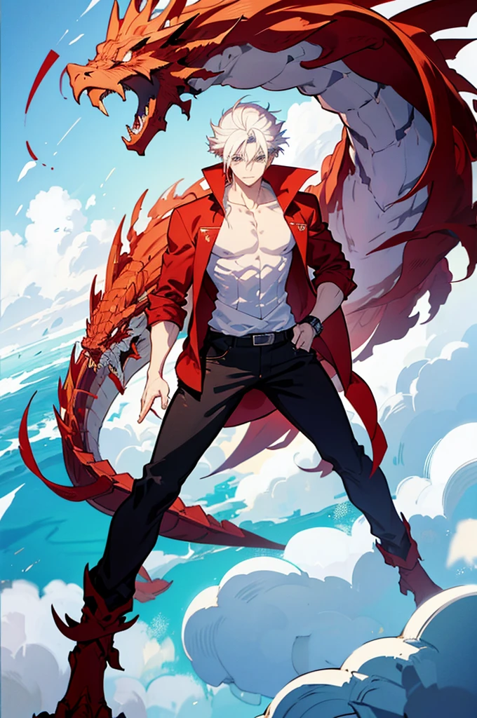 25 years old anime man with white hair, standing at the front of a dragon, hands in pockets,wearing red sleeves, shirt off