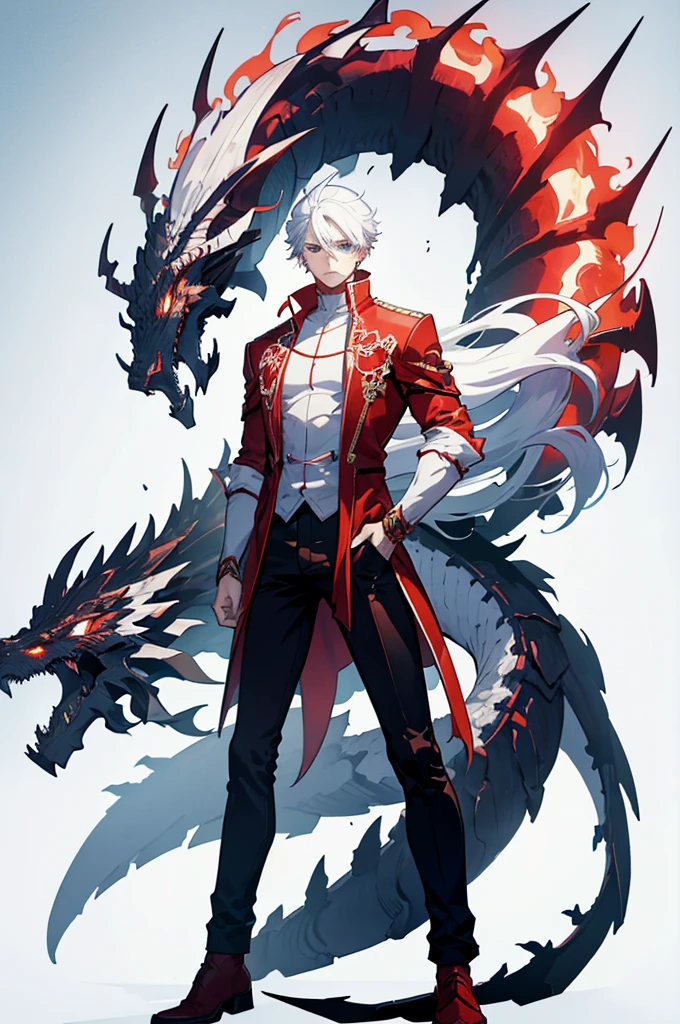 25 years old anime man with white hair, standing at the front of a dragon, hands in pockets,wearing red sleeves, shirt off