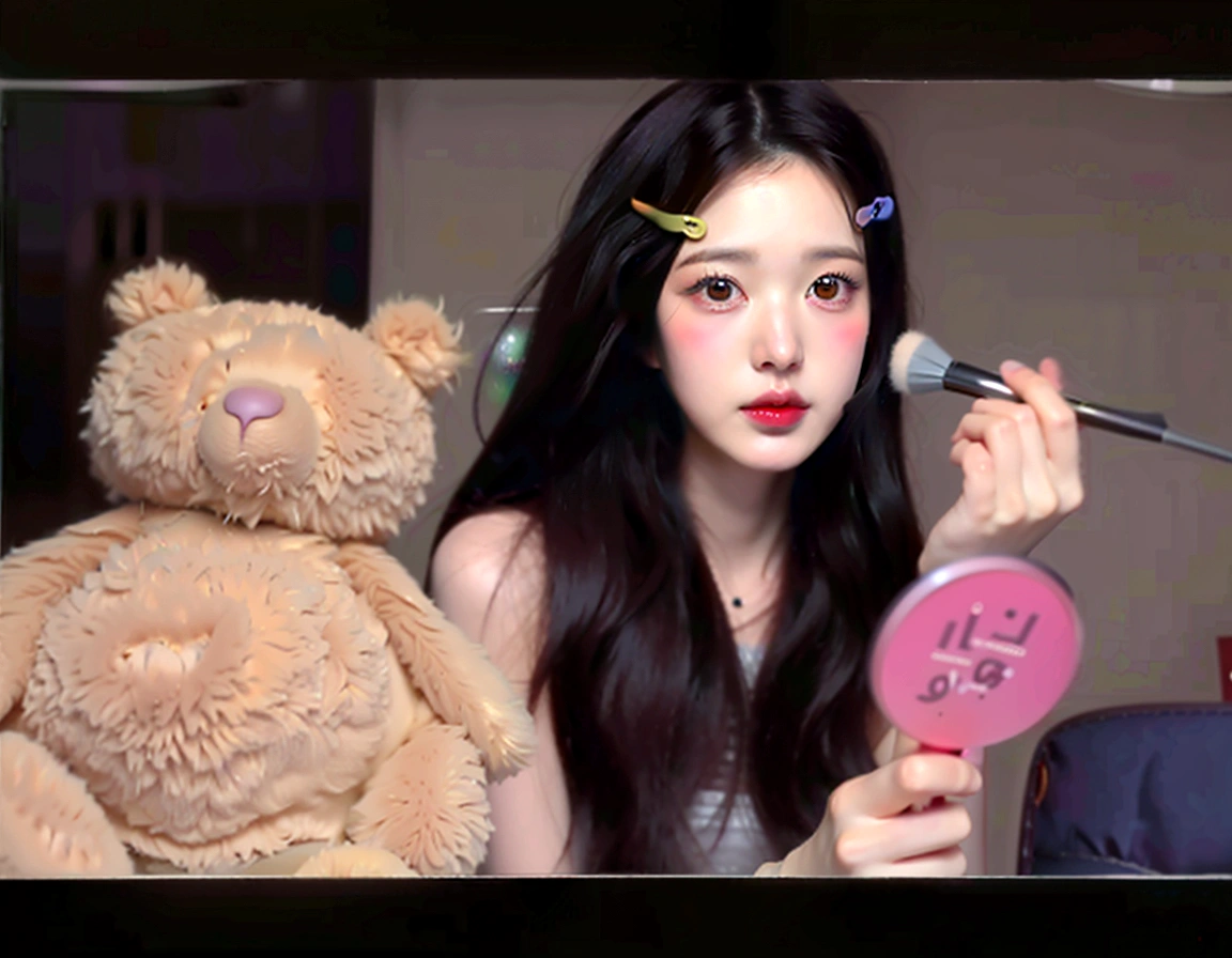 there is a woman that is holding a mirror and a teddy bear, photorealistic!!!!!!! art style, portrait jisoo blackpink, realistic artstyle, popular south korean makeup, realism artstyle, artwork in the style of guweiz, inspired by Sim Sa-jeong, kawaii realistic portrait, popular korean makeup, wan adorable korean face, ulzzang, realistic cute girl painting