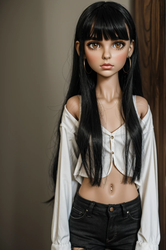 Blythe doll. girl with olive skin. snake bites piercings in her lower lip. dark eyes. thin eyebrows. mullet straight dark hair with side bangs. emo.