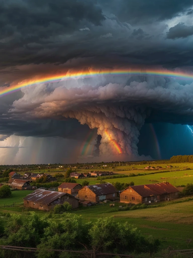 arafed cloud with a rainbow in the sky over a farm, beautiful tornado, huge storm, thunderstorm supercell, epic clouds, weather photography, apocalypse storm, epic and stunning, huge clouds, massive clouds, rainbow clouds, intimidating clouds, thunderstorm in the sky, epic stunning atmosphere, beautiful and ominous, breathtaking clouds, amazing sky, explosive storm, turbulent storm clouds