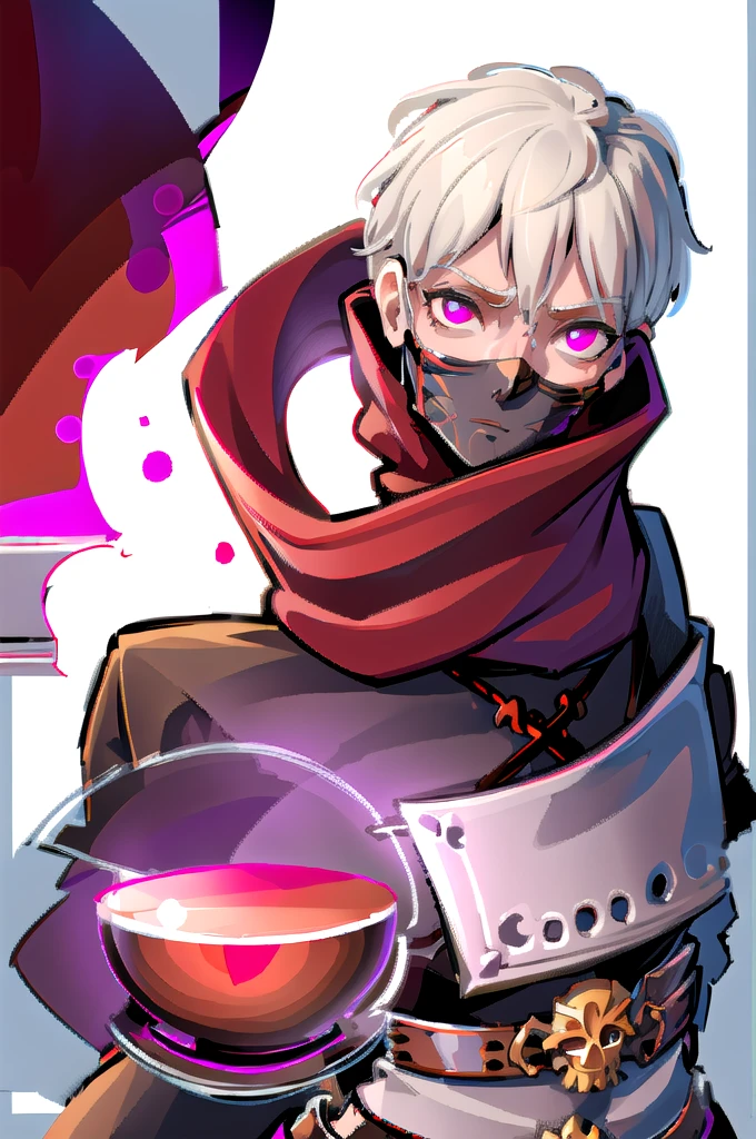 Guillotine Cross 1 คน, white hair, purple eyes, Hand holding a scientific flask, Moderate breath , Black robe, Spinning knives fly around., scarf, science laboratory background, medicine stall, ขวดทดลอง Potions , Clear Red Crystal Potions Skull Shaped Test Bottle, light particles, Magical light, daytime