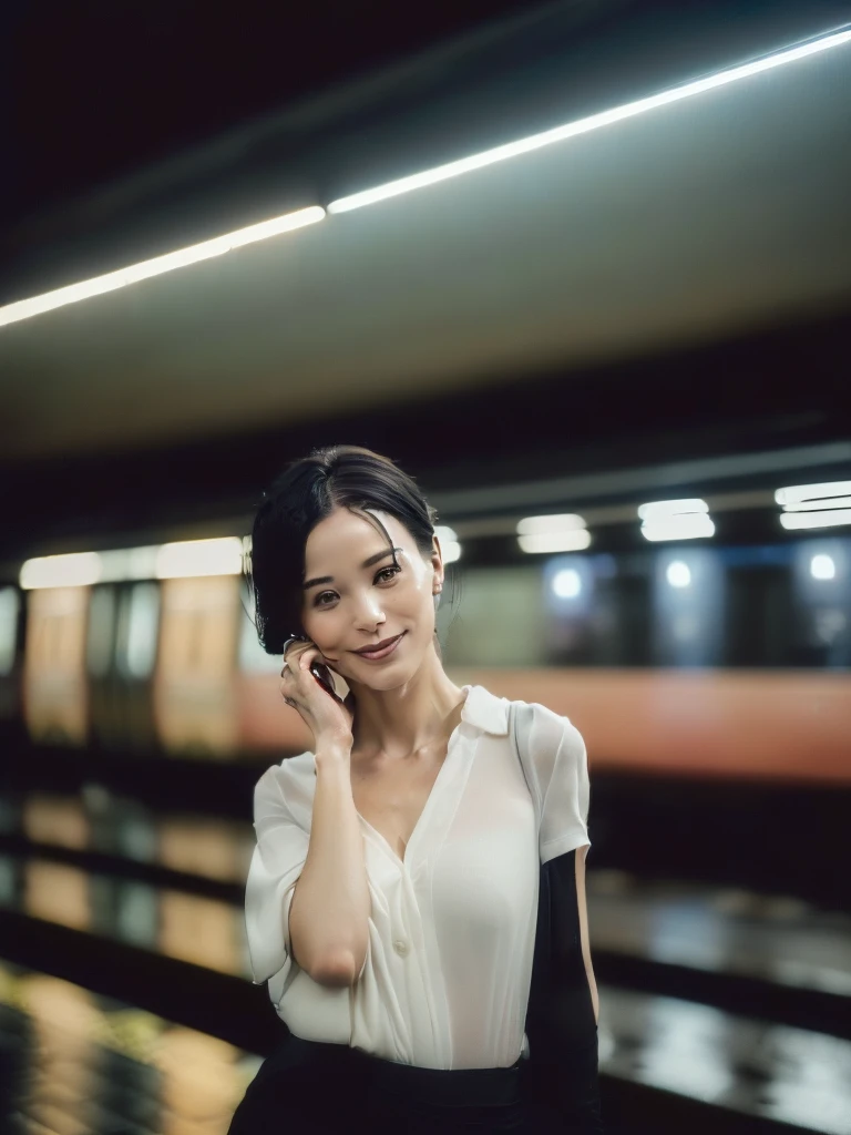 (((Very realistic, frontal, American shot photos of actresses taken by a professional photographer, very Seductive pose, 32k, 7 heads、looking at viewer, Staring Intently :1.5))),(A pure white, extremely thin fabric business short-sleeved open-neck shirt with a wide V-neck, Soaking wet:1.4)。((Highest quality)), ((masterpiece)), (((detailed))), (midnight ,A modern train station platform in Tokyo on a dark, pouring, stormy night, Low Key Lighting:1.6)、(((A very beautiful, extremely elegant and intelligent 39-year-old Japanese woman。Very intelligent, with a goddess-like face and figure。An extremely elegant, calm and modest smile, Being drunk、My eyes are quite watery、I'm very horny、embarrassed ,blush, Curvy Body:1.9)))、(((A short, well-groomed, shiny black haircut。The skin is white and very smooth。A very hot rainy summer night、I'm pretty sweaty、My clothes were soaking wet and transparent、When wet, it sticks perfectly to your skin, revealing your beautiful body lines.、Through the extremely thin fabric, her skin and her navy blue, lacy, high-end underwear are clearly visible.:1.9)))。(((A simple and elegant business pencil skirt in a plain navy blue knee-length,The clothes fit the body very well:1.8))), (Healthy Body、The line of the chest, collarbone and décolletage are extremely beautiful.:1.9)。She is looking straight at the camera with a very shy look on her face.。Light makeup and no piercings,A simple and modest pearl necklace、(((large hips、large chests )))
