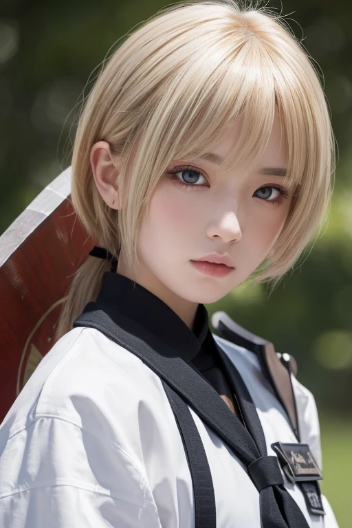 (masterpiece:1.2, Highest quality), (Beautiful, detailed eyes: 1.2), ((One boy)), (Red eyes:1.4), (細かく描かれた目とface:1.3), ((Boy with short white hair)), (Beautiful and vivid background:1.2), (Highly detailed CG, Super detailed, Best Shadow:1.1), ((Depth of written boundary)), ((watercolor)), beautiful concept figure, (Orange background:0.5), (figure:1.1), (Very nice and beautiful:1.1), (Perfect detail:1.1), from the front, Cowboy Shot, Scenery background is yellow、Character and a large axe are depicted.。The character stands in the middle、Staring at the front。She is a lovely woman.。
### Character Details 1. **Hairstyle:**
- Blonde hair、Twin tail style。
- A black ribbon is tied in her hair。
2. **face:**
- The character has sharp eyes、Has a serious expression。
- Eye color: Blue。
3. **clothing:**
- The character wears a white military-style coat。
- The coat has a black belt、It is fastened at the waist。
- He's wearing black gloves.、The left hand is placed on the chest。
- I'm wearing black tights under my coat.。
- I'm wearing black boots。
4. **Decoration:**
- There are some blood stains on the coat.。
- The top of the coat appears to have a military insignia on it.。
5. **arms:**
- A giant axe is depicted behind the character。
- The axe is black、いくつかの黄色いDecorationがあります。
- The tip of the axe appears to be stuck in the ground。
- For the axe「03」and、There are some symbols drawn。
### Background - The background is bright yellow.、キャラクターとarmsを際立たせる役割を果たしています。
### Drawing Point 1. **Hairstyleとリボンのディテール**
2. **faceの表情と目の色**
3. **Military style coat and details**
4. **巨大な黒い斧とそのDecoration**
5. **Yellow background and text placement**