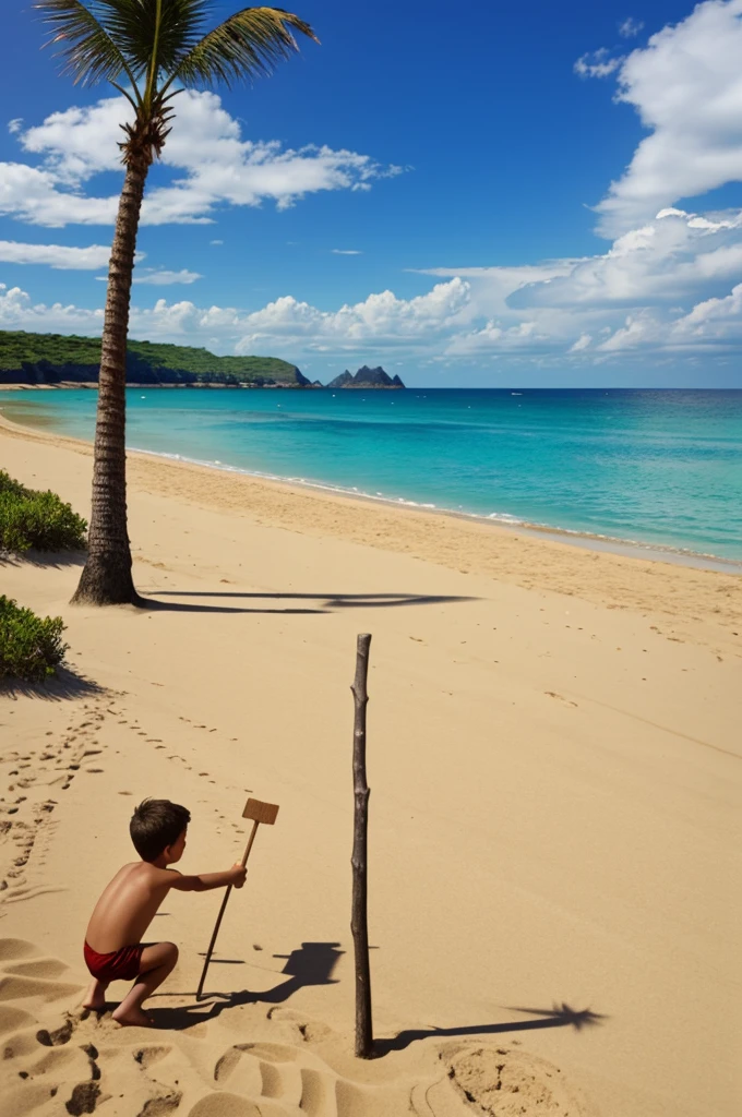 Create a stick man drawing of a beach