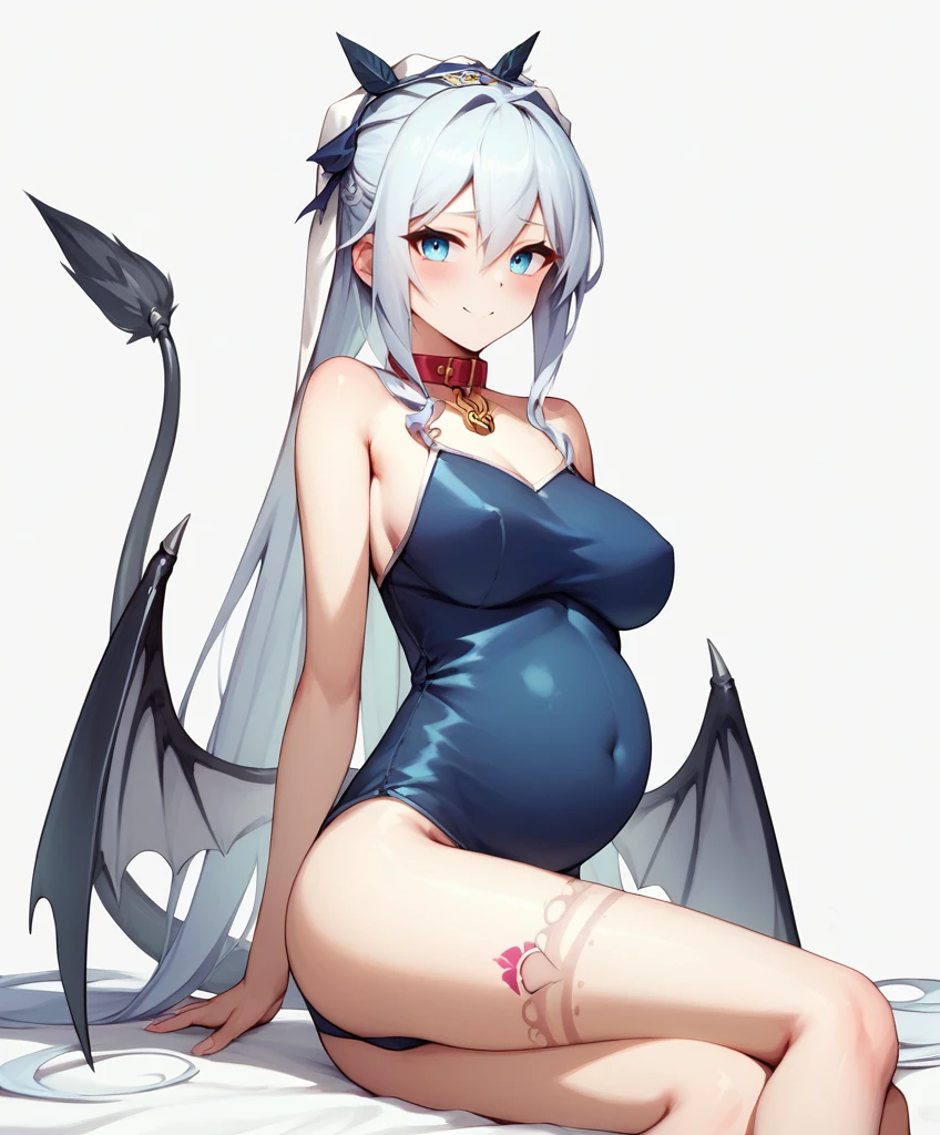 score_9, score_8_above, score_7_above,
eris,1 girl,alone,Blue eyes,for white,hair between the eyes, very long hair, clavicle, alone,long sleeves,wearing a wedding dress,Wear a dog collar, bedroom, Naughty belly tattoo, the pregnancy, slave 