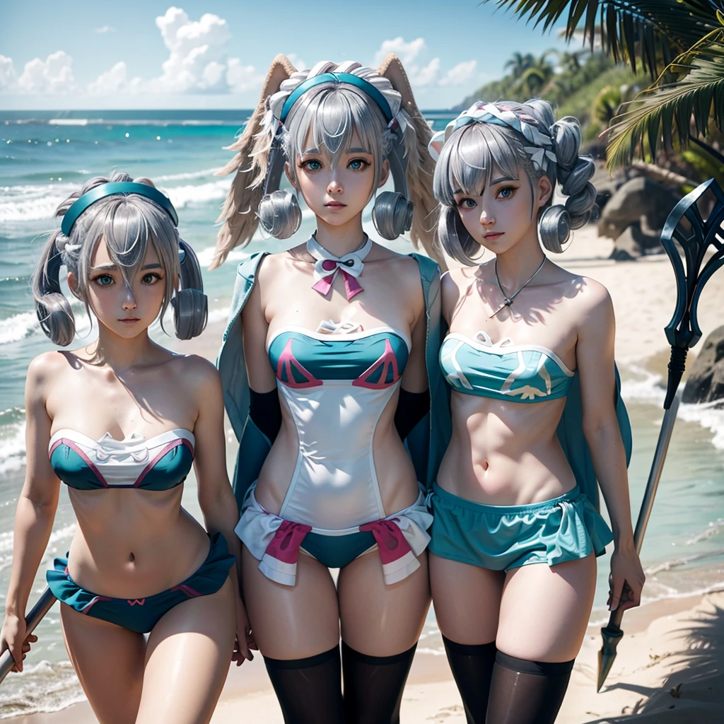 score_9, score_8 up, score_7 up, masterpiece, best quality, highly detailed, highres, 3girls, group, silver hair, curly hair, teal eyes, hair between eyes, medium hair, skirted swimwear, outdoors, beach, beautiful, holding a halberd