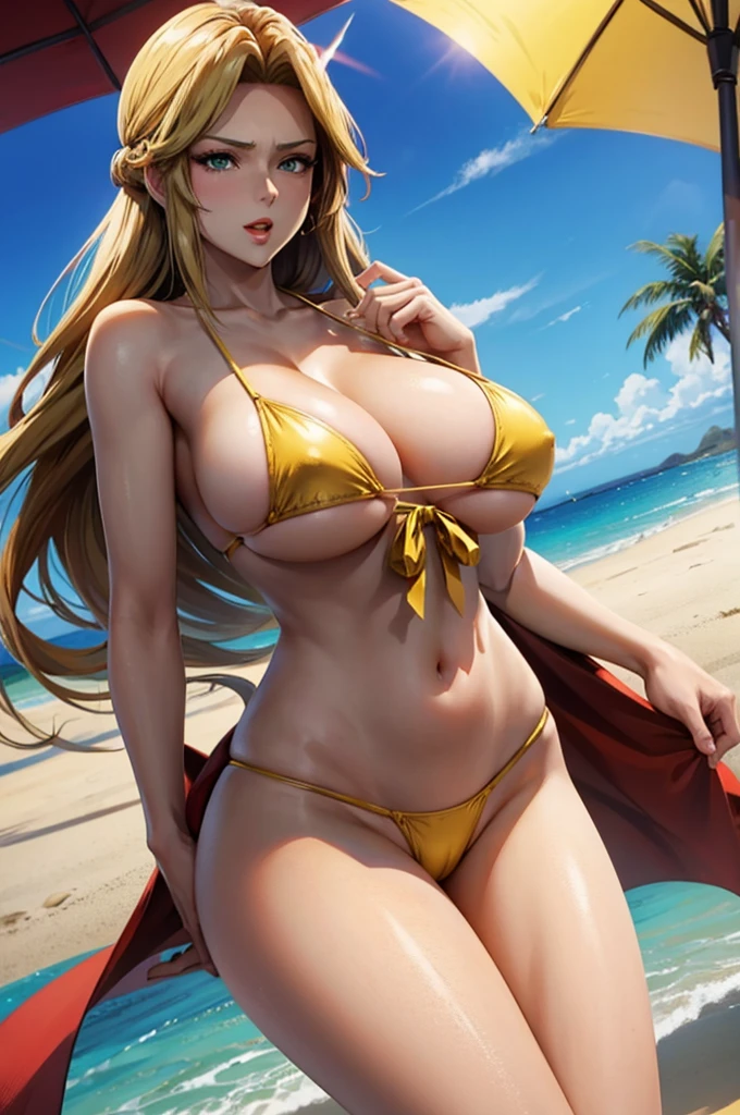 (Strong sunlight)Golden Bikini
(Triumphant Face:1.5), The face we&#39;re looking for,8K(A slightly shy smile)
woman,Huge boobs,very red lips,Emphasis on huge breasts,Big Ass,Thin waist long legs,Green Eyes, Emphasis on huge breasts,緑がかった青い目
8K(Anime style face:1.3) The facial expression is good,Seaside 37 years old