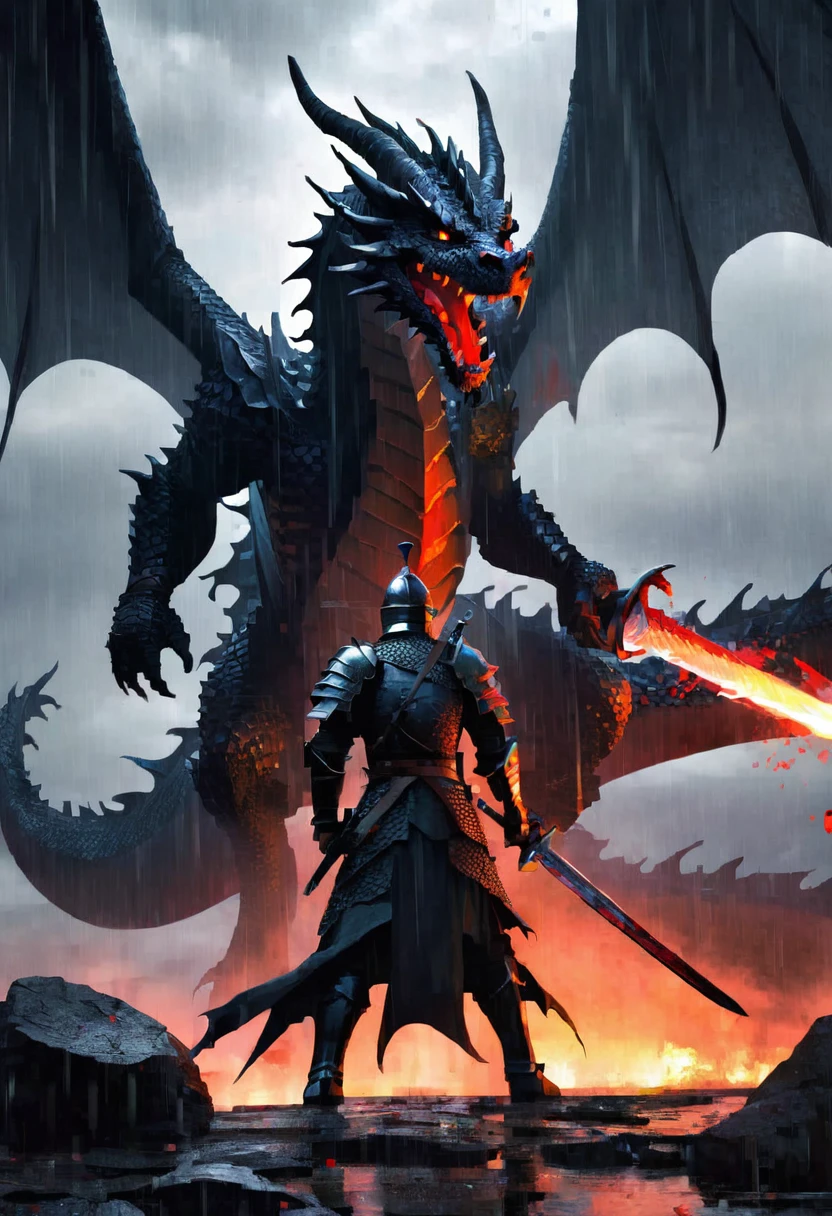 dragon, guy, longsword, blackknight facing dragon, bloody, war, battlefield, smoking-background, rain, cloudly, storm