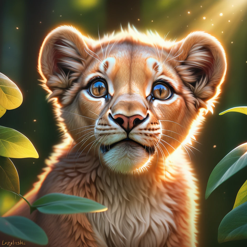 1 cute lion cub, adorable lion, beautiful detailed eyes, beautiful detailed nose, beautiful detailed mouth, longeyelashes, forest, lush greenery, sunlight filtering through leaves, soft focus, warm color palette, glowing lighting, detailed fur texture, highly detailed, (best quality,4k,8k,highres,masterpiece:1.2),ultra-detailed,(realistic,photorealistic,photo-realistic:1.37)