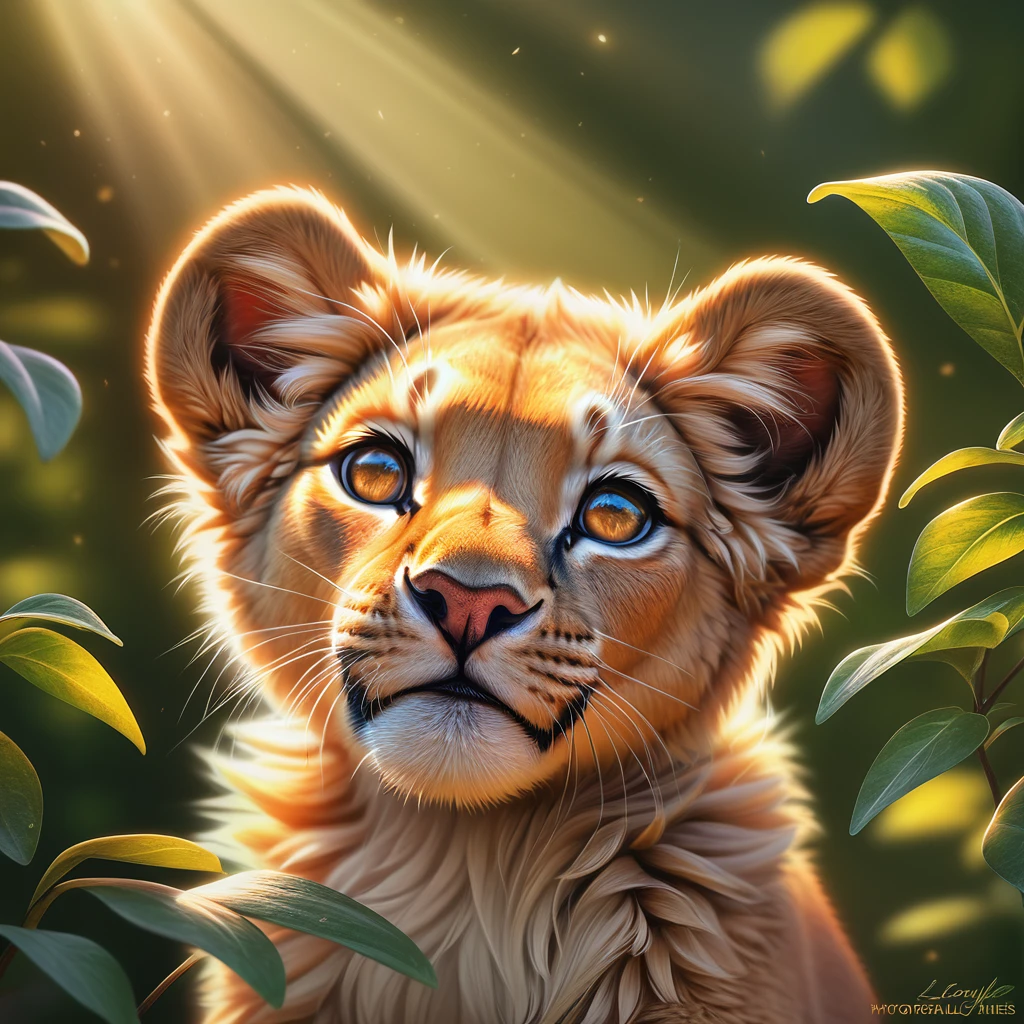 1 cute lion cub, adorable lion, beautiful detailed eyes, beautiful detailed nose, beautiful detailed mouth, longeyelashes, forest, lush greenery, sunlight filtering through leaves, soft focus, warm color palette, glowing lighting, detailed fur texture, highly detailed, (best quality,4k,8k,highres,masterpiece:1.2),ultra-detailed,(realistic,photorealistic,photo-realistic:1.37)