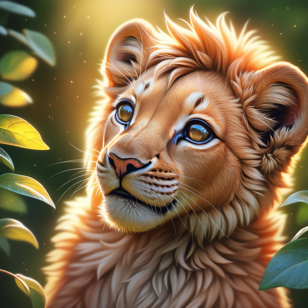 1 cute lion cub, adorable lion, beautiful detailed eyes, beautiful detailed nose, beautiful detailed mouth, longeyelashes, forest, lush greenery, sunlight filtering through leaves, soft focus, warm color palette, glowing lighting, detailed fur texture, highly detailed, (best quality,4k,8k,highres,masterpiece:1.2),ultra-detailed,(realistic,photorealistic,photo-realistic:1.37)