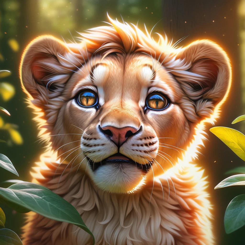 1 cute lion cub, adorable lion, beautiful detailed eyes, beautiful detailed nose, beautiful detailed mouth, longeyelashes, forest, lush greenery, sunlight filtering through leaves, soft focus, warm color palette, glowing lighting, detailed fur texture, highly detailed, (best quality,4k,8k,highres,masterpiece:1.2),ultra-detailed,(realistic,photorealistic,photo-realistic:1.37)