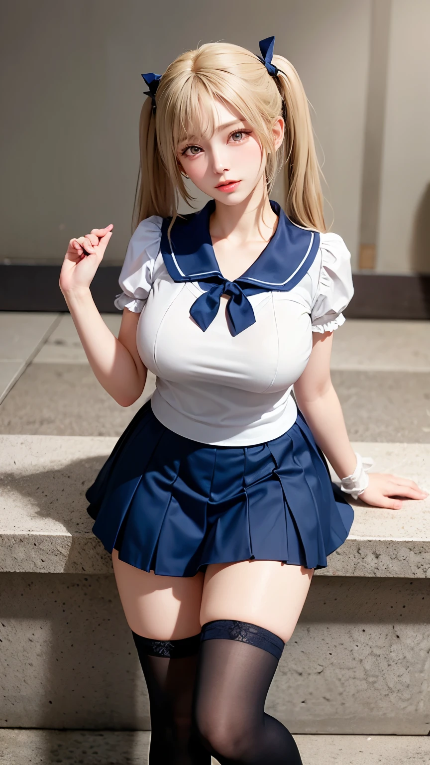 (Very delicate and beautiful:1.2)super model,,Big Breasts,Beautiful breasts,voluptuous,【bike shorts】,,【3girls】,,Highest quality, High resolution, 8K,mini skirt,Navy blue frilly sailor suit,Blonde twin tails,Lolita Style,Right hand bandaged,boots