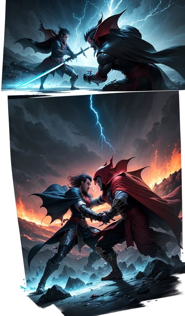 (anime style, high detail, dynamic composition, Blade and Dracula clashing in an epic sword fight, sparks flying, intense expressions, dark and stormy night sky)