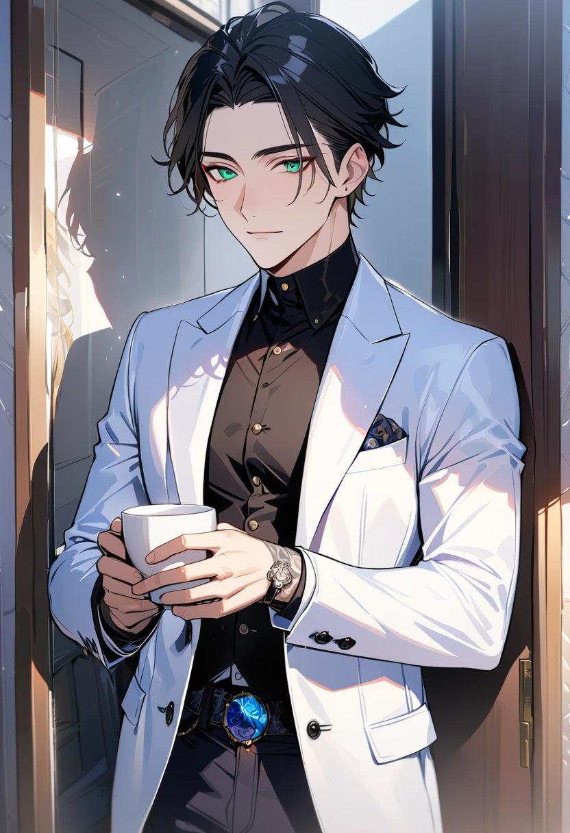 1 male, 25 years old British male, decisive, graceful, tattooed, emerald eyes, black hair, white suit, British gentleman, white pants, office president, standing
Holding a cup of coffee in his hand,Office President,一个现代Handsome哥,25-year-old male,Black Hair,Green eyes,short hair,No bangs,Show forehead,Middle parted hair,young people,Dynamic Hair,Delicate face,Bright Eyes,Gem Eyes, Extremely detailed eyes, Handsome,Handsome,White skin,Single photo,Upper body photo from thigh up,Handsome哥,Handsome face,masterpiece,HD,masterpiece,Sense of division,a beautiful man,Exquisite eyes,Carefully sculpted hair,Rich in details,Standinging in front of a white background,Handsome哥,juvenile,blond,short hair,Handsome face,Handsome,Handsome,超级Handsome哥,White skin,Fair skin,Handsome哥,Handsome face,Pretty Face,indifferent的表情,Reflective hair,Shiny hair,现代都市Handsome哥,Modern Clothing,Fashion,Casual jacket,trend,Handsome,upright,Standing,front,Moderate,Direct vision,Eye height,Wearing a white coat,Black pants,front面貌,front,Stay away from the camera,whole body,High cold temperament,Shoulder height,front面貌直面镜头,(whole body照片),whole body,Imagine,blond,cold face,indifferent,cold,Don't laugh,Residence,poker face,4K, ((masterpiece)),((best quality)),((High Detail)),((Practical,)) ((best quality)), ((masterpiece)), ((Practical)),high resolution, ((Intricate details)), Very detailed,masterpiece, best quality, (Very detailed CG unity 8k wallpaper), (best quality), (Best Illustration Award), (Best shadow),,Ray Tracing, Very detailed