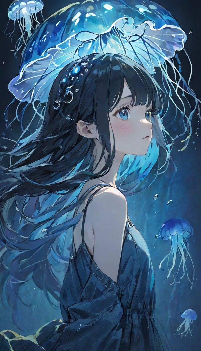 finely detailed illustration, Highest quality、masterpiece、High resolution、8k、Pitch blackの静寂を演出、Wallpaper Art、Very detailed_face_eye、非常に繊細なfaceと肌の質感、Woman looking around、pretty girl、14 years old、camisole、denim hot skirt、Jellyfish floating in the air、Blue glowing jellyfish、Fluorescent jellyfish、Mystical Expressions、Synaptic vesicles、Neuron、Pitch black、The only light source is a jellyfish、