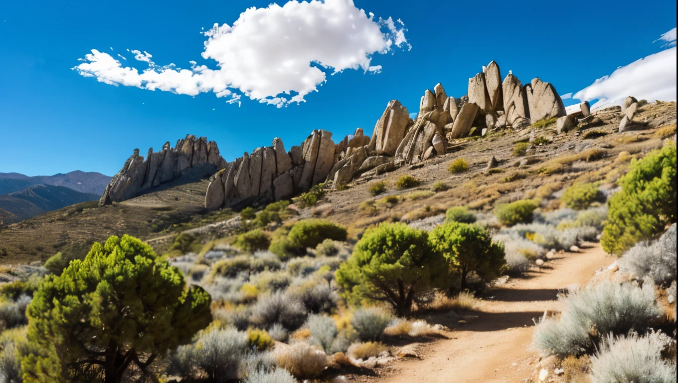 A majestic vertical rock wall in the Gredos mountains of Spain, towering amidst a desert valley dotted with lush trees and rugged stones, under a brilliant blue sky with fluffy white clouds, high contrast, vivid colors