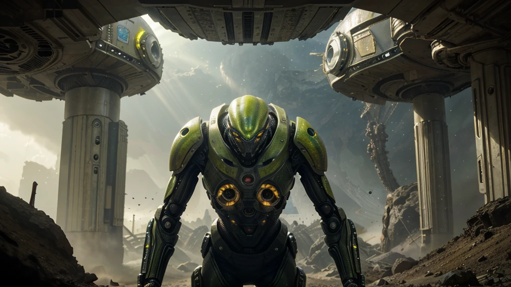 (Biomechanical ALIEN with DYSTOPIAN alien biology) biomechanical alien scene, unknown exotic plants, extraterrestrial biology unknown planet, HEAVY atmosphere with dust particles suspended in the air YELLOW WITH SULFUR