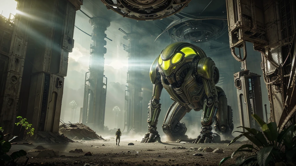 (Biomechanical ALIEN with DYSTOPIAN alien biology) biomechanical alien scene, unknown exotic plants, extraterrestrial biology unknown planet, HEAVY atmosphere with dust particles suspended in the air YELLOW WITH SULFUR