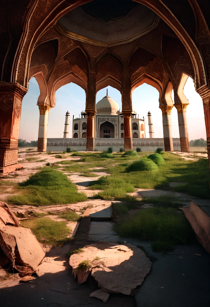 masterpiece, masterpiece, Hyper-Realism, cinematographic image, 8K, Depth of field, cinema lighting, A post-apocalyptic long shot of the typical iconic image of the Taj Mahal., (in ruins),Full of greenery, image Post apocalyptic and dystopian., dome route