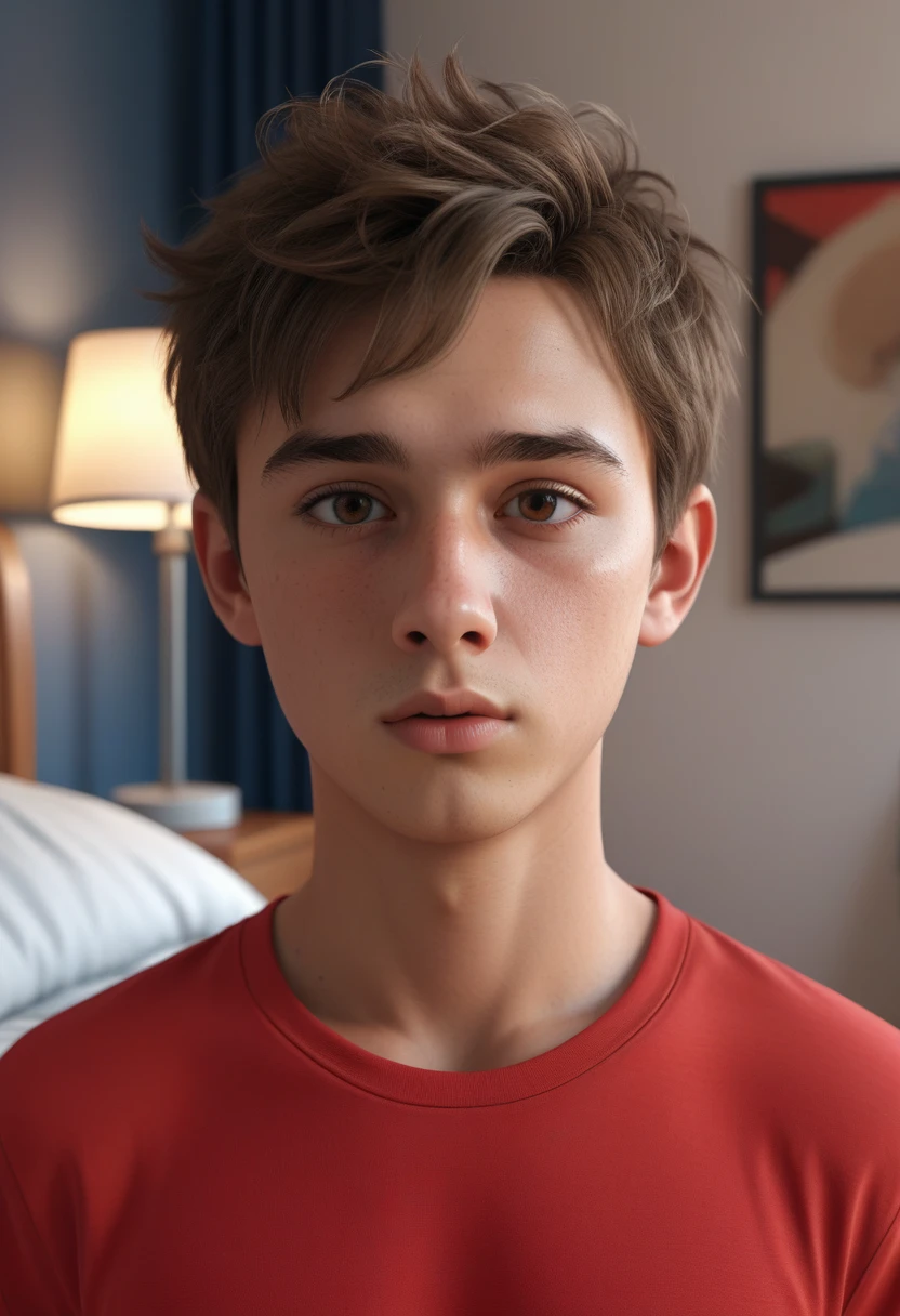 NSFW, (((Realistic graphics))), (((realistic textures))), realistic face features, realistic body proportions, 1 boy, shaved, soft body, innocent face, brown blob hair, tight red tshirt, no pants, no underwear, small penis, (((tiny penis))), in bedroom, detailed bedroom