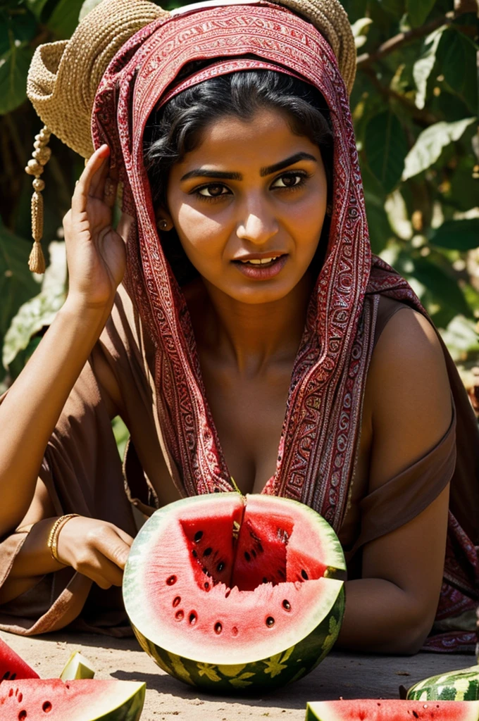 An ugly Arab woman in a headdress licks a watermelon, from which worms come out, behind her are big bags