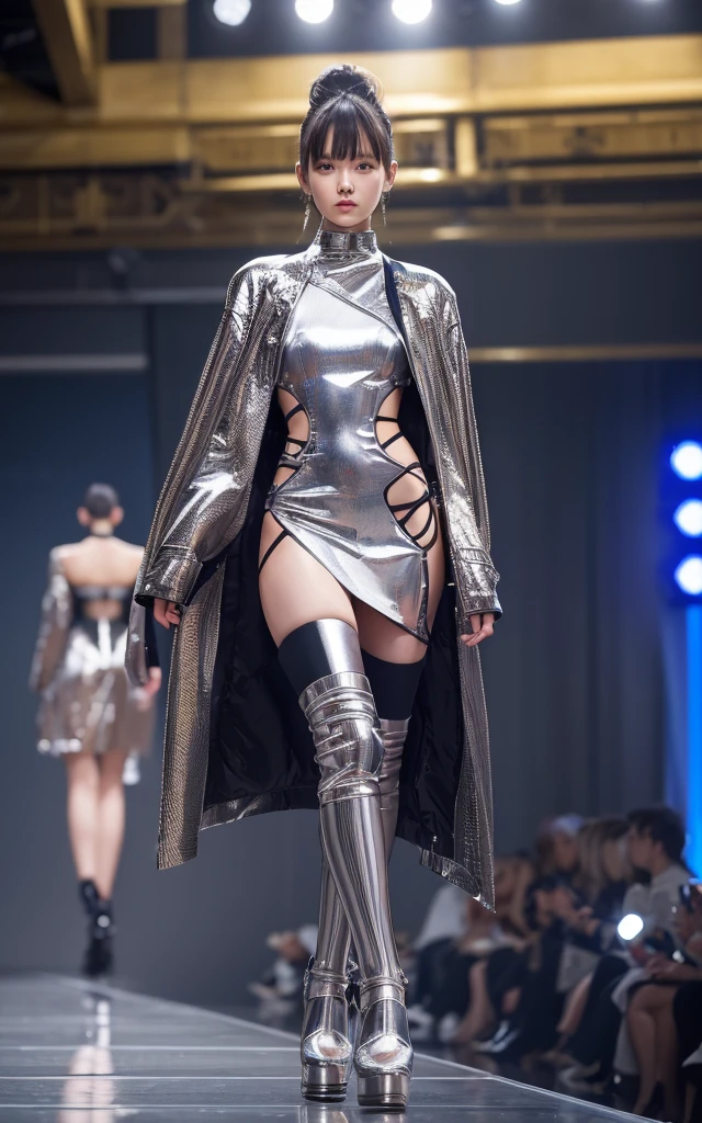 Robot Fashion: Clothing that incorporates robot technology。Dresses with mechanical arms and moving parts、A jacket that changes shape with your movements。A design characterized by metallic texture and shining lines。。The background is the gorgeous runway of Paris Fashion Week。