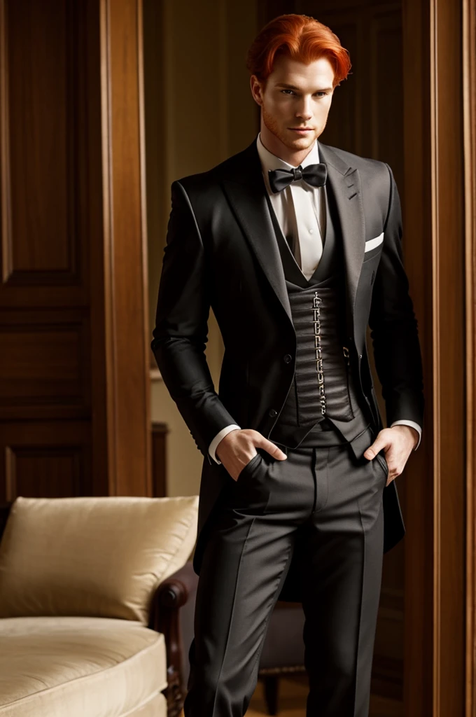 Elegant man, well-built, redhead and attractive with a corset