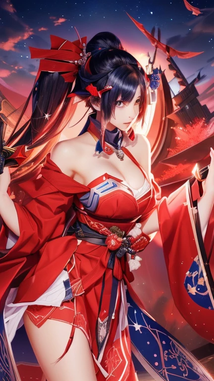 girl in red dress with sword and shield in front of a night sky, onmyoji detailed art, onmyoji, art wallpaper 8 k, onmyoji portrait, ayaka genshin impact, best 4k konachan wallpaper, art wallpaper 4k, art wallpaper 4 k, wallpaper 4 k, wallpaper 4k