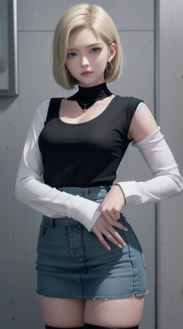 android 18, Blonde hair, blue eyes, eyelash, Hoop Earrings, short hair, Earring straps, Black socks, Black shirt, 胸pocket, cleveage, clavicle, denim, denim skirt, ハイウエストskirt, Jewelry, Long sleeve, pocket, shirt, shirt tucked in, skirt, Striped, Striped sleeves, Vest,The right move,