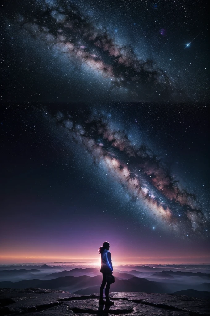 Here is a prompt for an image generator for a book cover with the title "THE UNIVERSE WITHOUT TIME":
**Background:**
* Deep space nebula with swirling colors (blues, purples, pinks)
**Foreground:**
* A lone human figure (silhouette) facing the viewer, gazing upwards
* In the distance, silhouettes of various alien creatures from different species
* A faint, swirling vortex representing the Big Bang in the background
**Text:**
* Title: "THE UNIVERSE WITHOUT TIME" in a bold, futuristic font with a slight glow
**Additional elements:**
* Scattered throughout the background, include faint ruins or structures hinting at ancient civilizations from different eras
* Consider including a subtle clock face shattering or dissolving, symbolizing the absence of time
**Style:**
* Blend of realism and fantasy, with a focus on a sense of awe and mystery
**Optional details:**
* You can experiment with the position of the human figure - standing on a desolate planet, floating in space, etc.
* Feel free to add a few stars or celestial bodies for depth.
**Remember:**
* Emphasize the vastness of space and the contrast between the human and
This prompt should give the image generator a good starting point to create a visually stunning and thought-provoking book cover for "The Universe Without Time."
