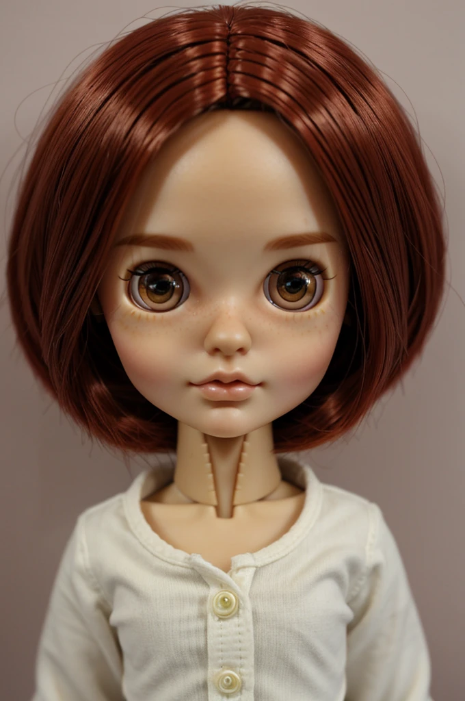 A Blythe doll straight red hair, no hair on forehead, thin, small mouth and small nose