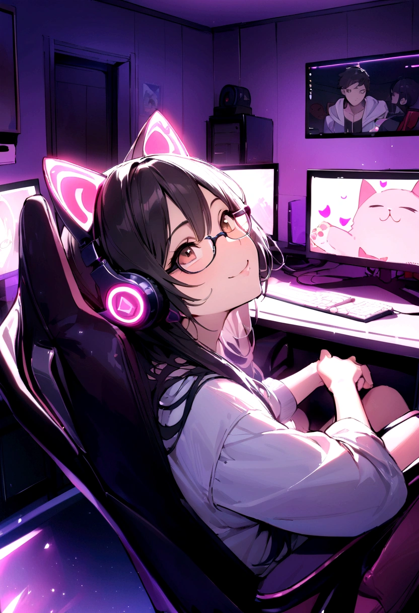 ((best quality)), ((masterpiece)), (detailed), a young man. Male sitting in a gaming chair in front of a pc. Has black hair and brown eyes. Wearing glasses. Smiling. Looking up. Wearing pink cat ear headphones. Has a gaming bedroom in the background