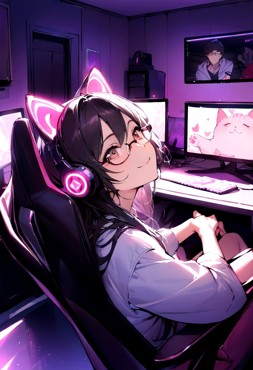 ((best quality)), ((masterpiece)), (detailed), a young man. Male sitting in a gaming chair in front of a pc. Has black hair and brown eyes. Wearing glasses. Smiling. Looking up. Wearing pink cat ear headphones. Has a gaming bedroom in the background