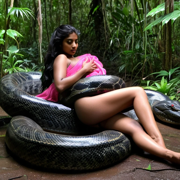 Topless pink thong wearing aroused beautiful happy young Indian teen vs Giant colossal black anaconda monster wrapped around her body squeezing her in coiled embrace cuddling and kissing sexual erestialix realhe rainforesull body, best quality wet