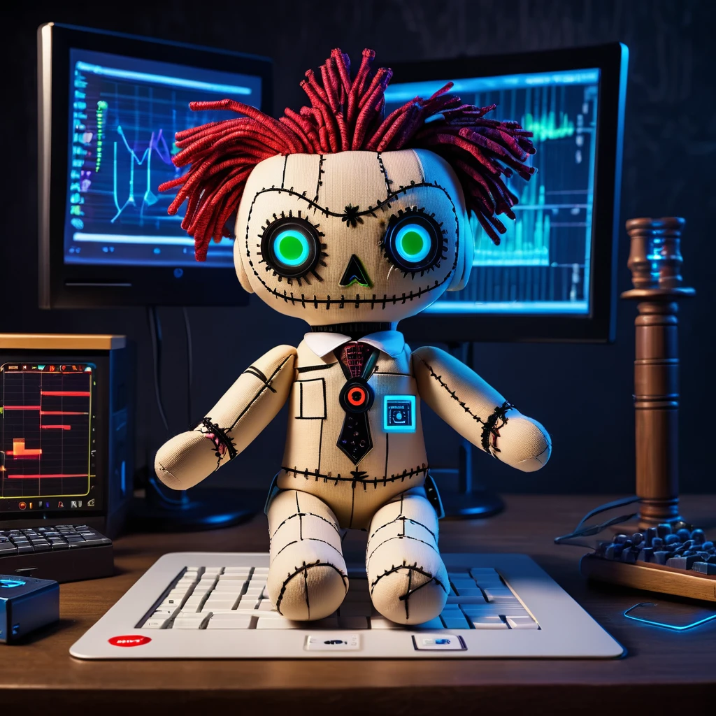 (knitted toy voodoo doll:1.7), (Voodoo Data Scientist:1.3), (Clothing: business casual attire with glowing data points:1.0), (Accessories: enchanted floating data tablet, levitating graphs:1.1), (background: mystical data center with floating servers and glowing data streams:1.2), best quality, masterpiece, detailed soft oil painting, detailed background, dramatic cinematic lighting, soft edge lighting, professional, dramatic lighting, hard edge lighting, ultra quality, 4k,masterpiece, best quality, 8k, ultra highres, highres, extremely detailed