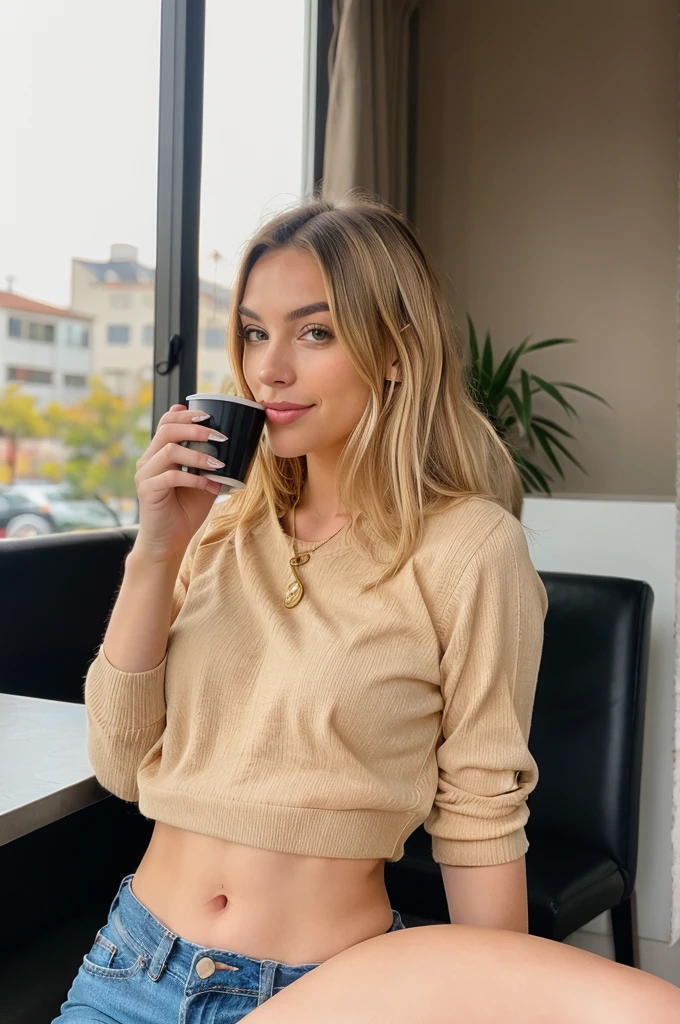 Beautiful and cute blonde in yellow sweater (Drinking coffee in a modern coffee shop at sunset), very detailled, 23 year old, inoccent face, cLuiza Portes burguesia burguesa atanisio Jovem de 23 year old, 1,65 metros de altura, fair skin and light tan, giving it a healthy golden tone. The hair is very light blonde and highlighted, with a smooth and silky appearance. Hair length is long, passing through the shoulders, Lips are medium size and naturally pink. Eyes are large and expressive, light brown in color, and well-defined eyebrows, matching the natural color of the hair roots. slim waist and slim body 4K, charming smile, taken with Canon, 85mm, light depth of field, Kodak Vision Colors, perfectly fitted body, extremely detaild, photoshot_\(ultra\), photoshotrealisitic, realisitic, Post-processing, maximum details, roughness, real-life, ultrarealisitic, photoshotrrealismo, photoshot, 8k hd, photoshot