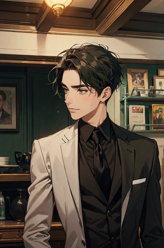 ((a young man in a black suit and tie)), taken in the early 1960s, gotham, alejandro, he looks very sophisticated, (((left-side swept black short hair))), (dark green eyes and thick eyebrows), smirk. ((20 years old)), masterpiece, posture dynamic, ((one man)), ((brown skin))