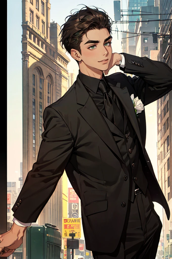 ((a young man in a black suit and tie)), taken in the early 1960s, gotham, alejandro, he looks very sophisticated, (((left-side swept black short hair))), (dark green eyes and thick eyebrows), smirk. ((20 years old)), masterpiece, posture dynamic, ((one man)), ((brown skin))