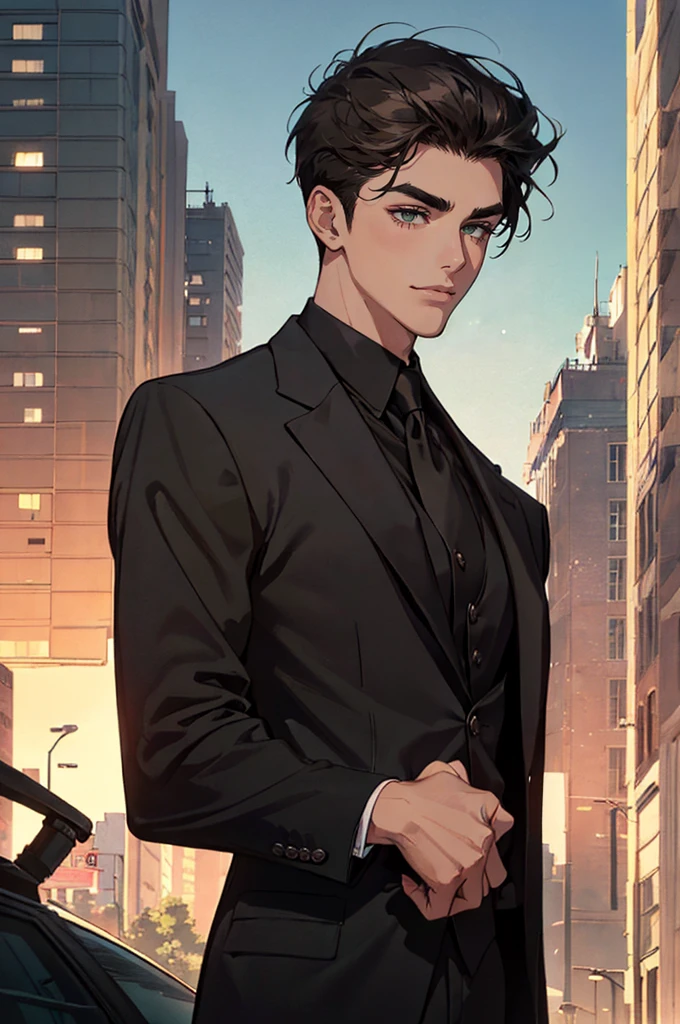 ((a young man in a black suit and tie)), taken in the early 1960s, gotham, alejandro, he looks very sophisticated, (((left-side swept black short hair))), (dark green eyes and thick eyebrows), smirk. ((20 years old)), masterpiece, posture dynamic, ((one man)), ((brown skin))